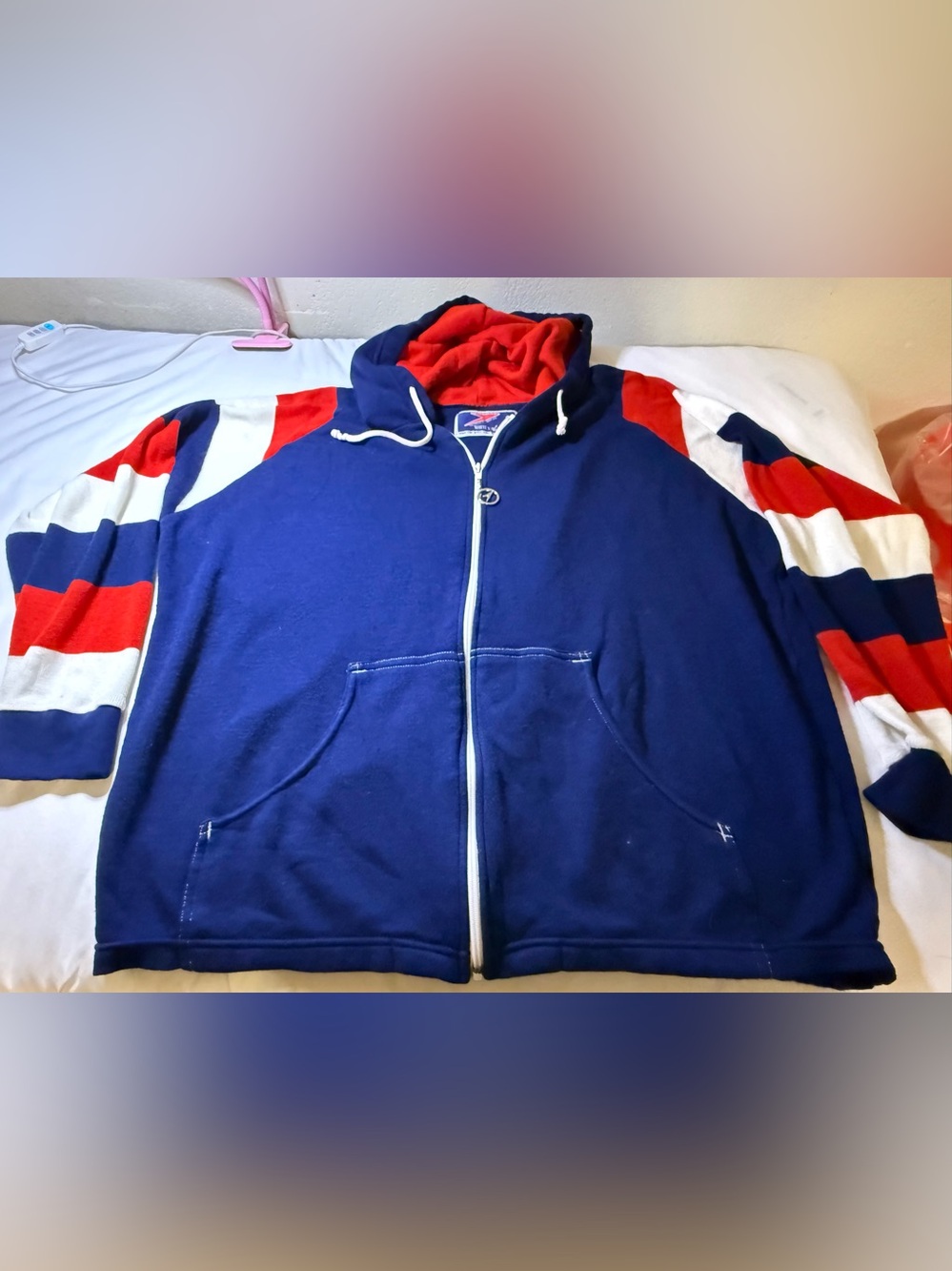 VTG 70’s Speedo Navy Blue Zip Hoodie with Red & White Striped Sleeves
